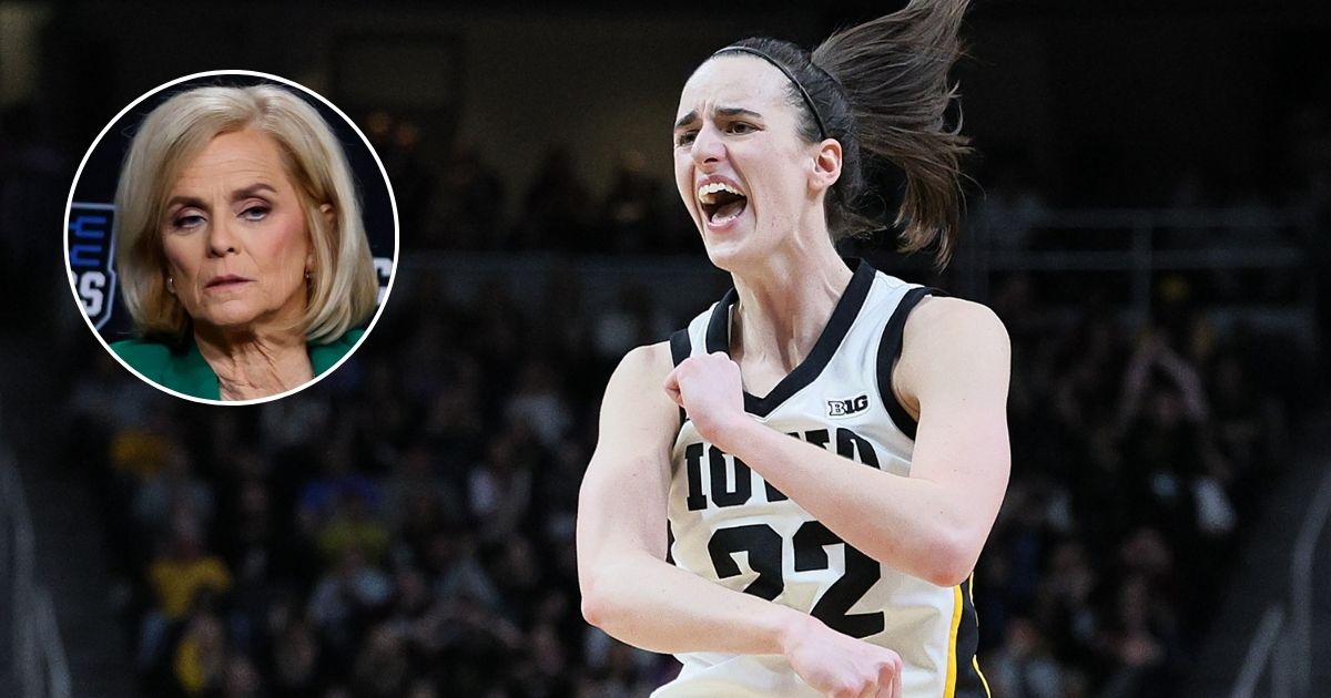 After Monday's game, LSU women's basketball coach Kim Mulkey, inset, had nothing but praise for Iowa star Caitlin Clark, right, at MVP Arena in Albany, New York.