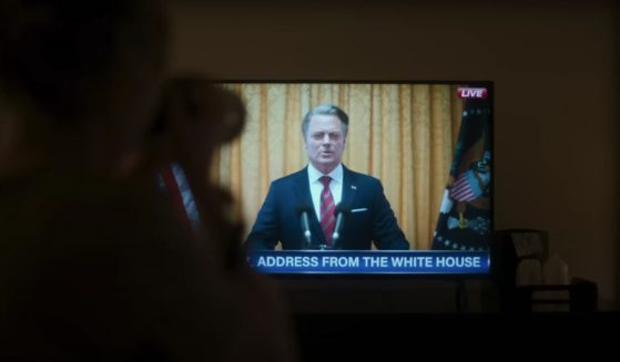 Actor Nick Offerman as the President of the United States in the 2024 A24 film "Civil War."