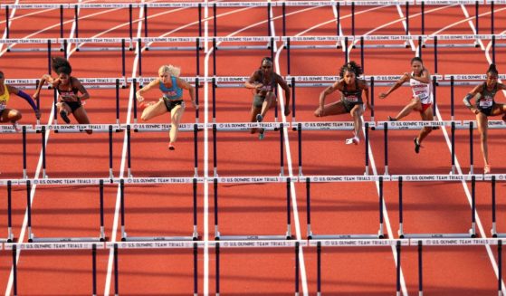 Athletes compete in the first round of Women's 100 Meter Hurdles on day 2 of the 2020 U.S. Olympic Track & Field Team Trials in Eugene, Oregon, on June 19, 2021.