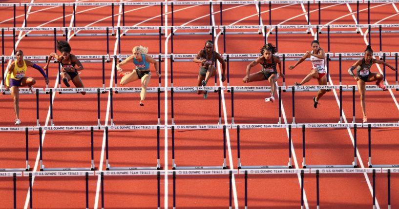 Athletes compete in the first round of Women's 100 Meter Hurdles on day 2 of the 2020 U.S. Olympic Track & Field Team Trials in Eugene, Oregon, on June 19, 2021.