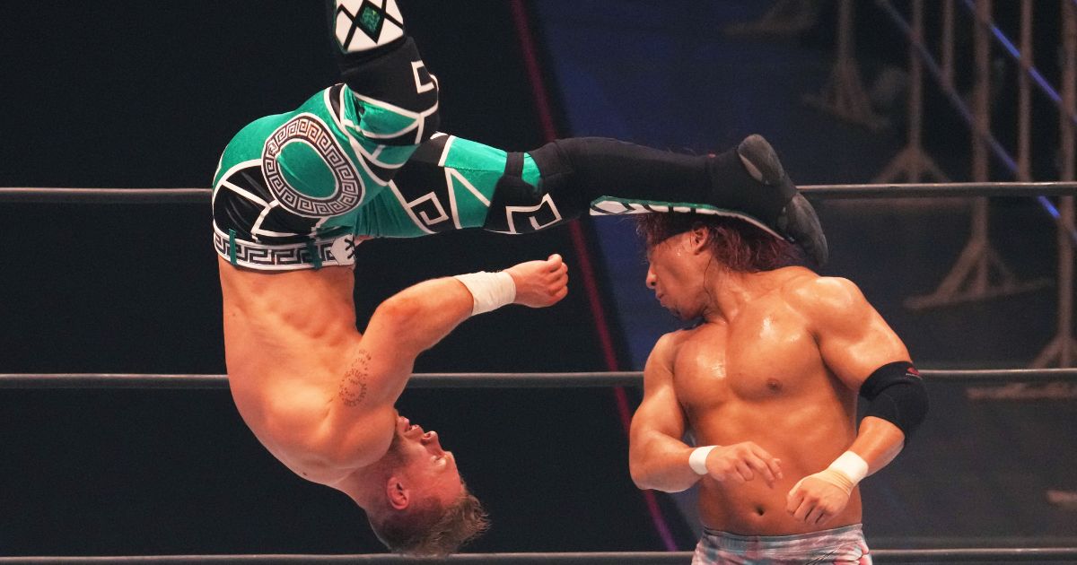 Professional wrestlers Will Ospreay and Shota Umino face off at the New Japan Pro-Wrestling in Osaka, Japan in 2023.