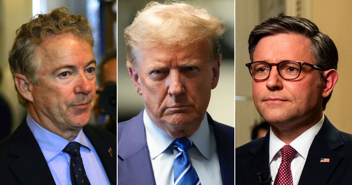 Sen. Rand Paul, left, said former President Donald Trump, center, shouldn't support the foreign aid package put forth by House Speaker Mike Johnson, right.