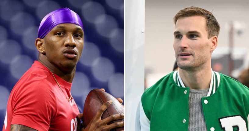 The Atlanta Falcons' selection of Michael Penix Jr., left, reportedly was a "shock" for the team's new starting quarterback, Kirk Cousins, right.