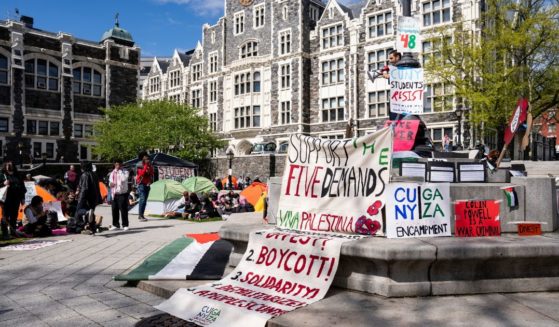 A pro-Palestinian protest encampment is pictured at City College’s North Campus Quad, CUNY in Harlem, New York, on April 25.
