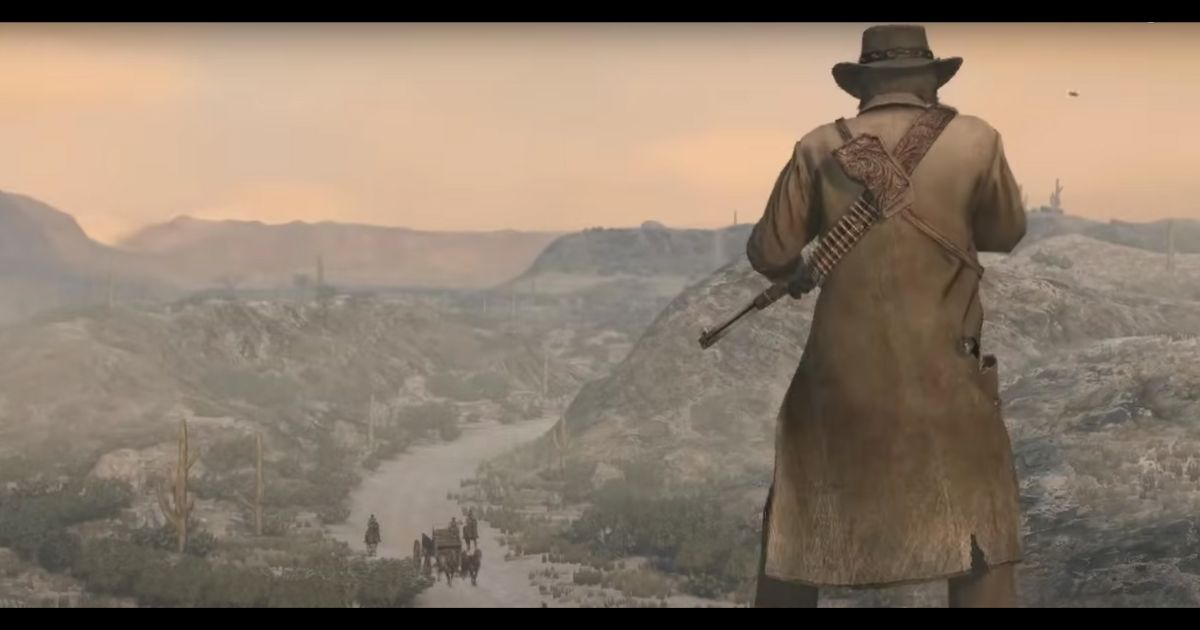 John Marston, the protagonist of "Red Dead Redemption" looking down on a dirt road in the wild west.
