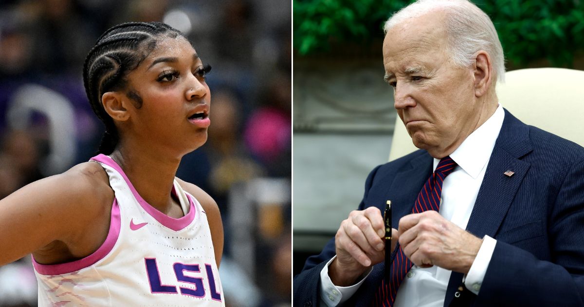 At left, Angel Reese rests during a break in LSU's game against Coppin State University in Baltimore on Dec. 20. At right, President Joe Biden listens during a meeting in the Oval Office of the White House in Washington on April 15.
