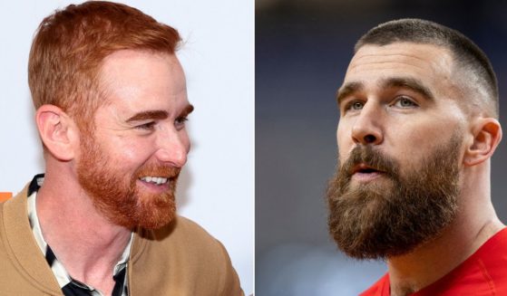 Comedian Andrew Santino, left, informed Travis Kelce that his 2019 interview had been more revealing, perhaps, than Kelce had intended.