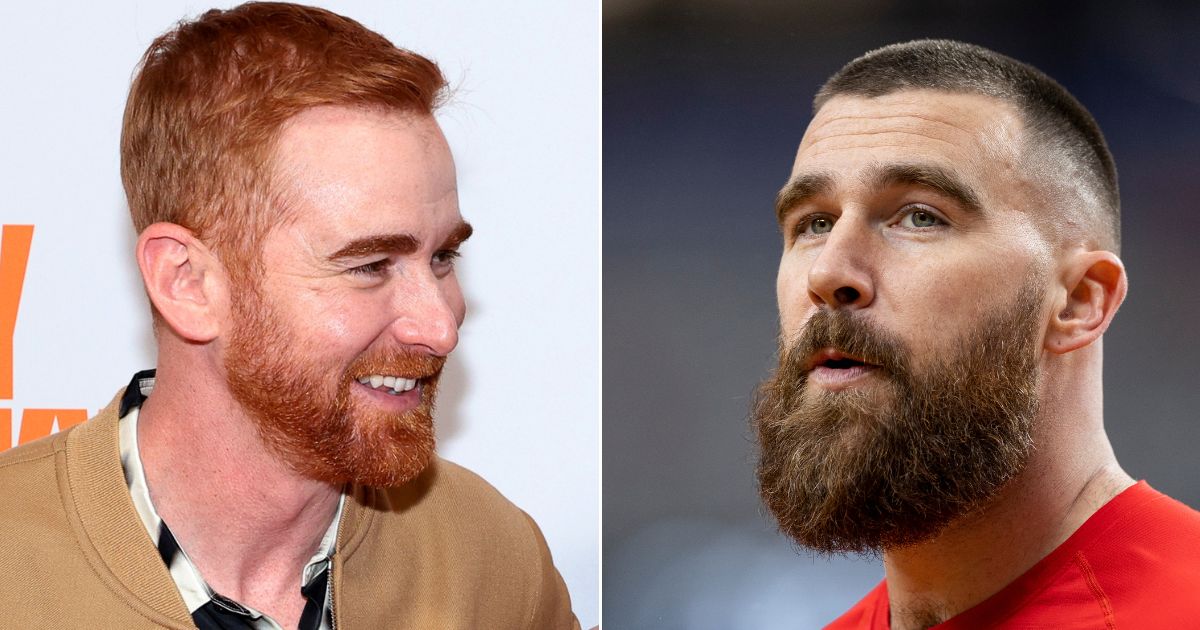 Comedian Andrew Santino, left, informed Travis Kelce that his 2019 interview had been more revealing, perhaps, than Kelce had intended.