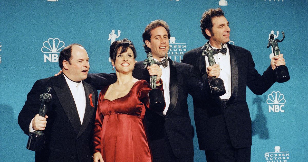 The cast of the 1990s NBC sitcom "Seinfeld" backstage at the Screen Actors Guild Awards in 1997.