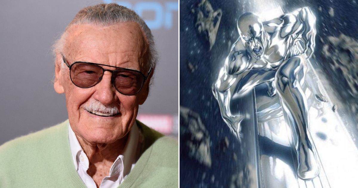 Legendary comic book creator Stan Lee alongside his most popular space-faring super hero, the Silver Surfer.