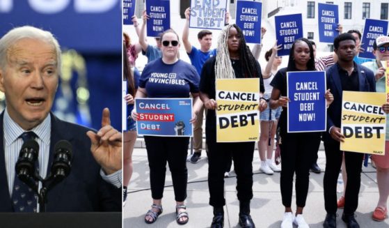 Student loan borrowers, right, have been demonstrating for months, demanding that President Joe Biden, left, cancel student debt. Biden has obliged with hundreds of billions of dollars in debt forgiveness plans that conservatives call unconstitutional and illegal.