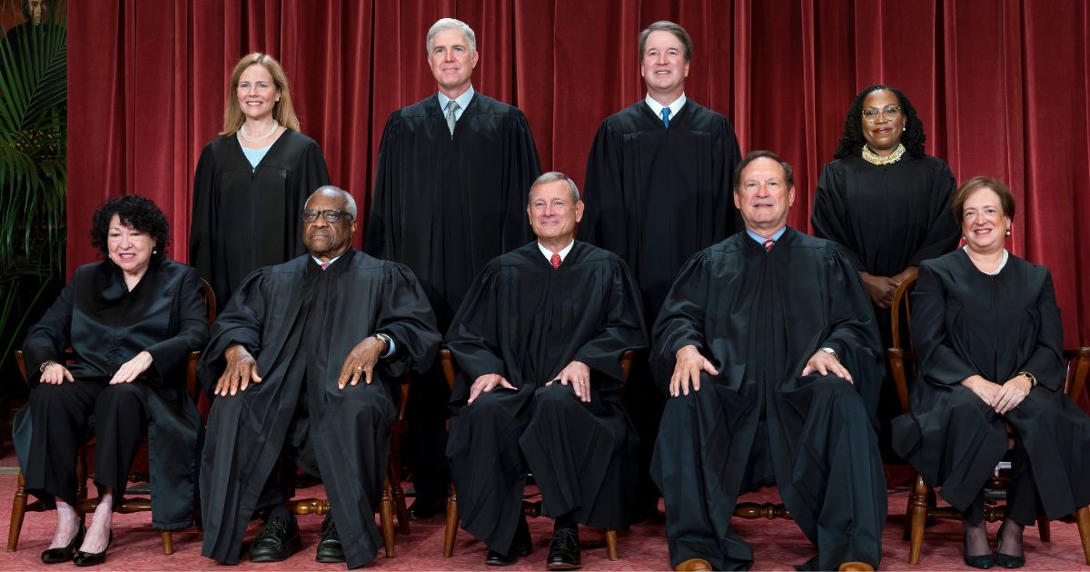 The Justices of the United States Supreme Court pose for an official portrait in the Supreme Court building in Washington, D.C., on Oct 7, 2022.
