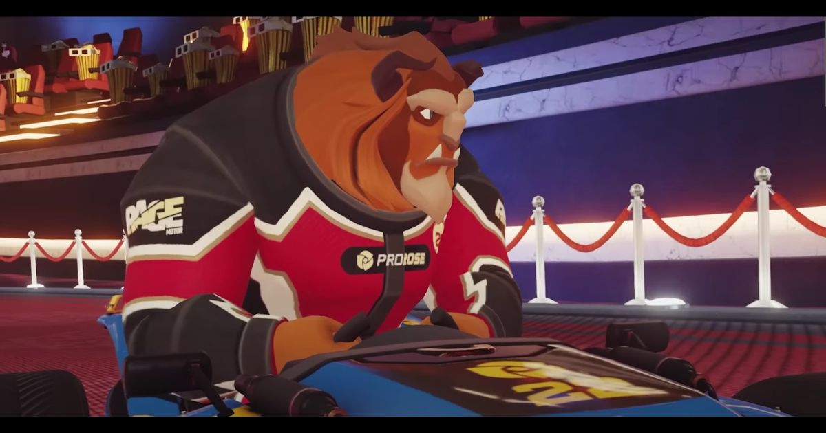 Famous Disney character The Beast driving a vehicle in "Disney Speedstorm."
