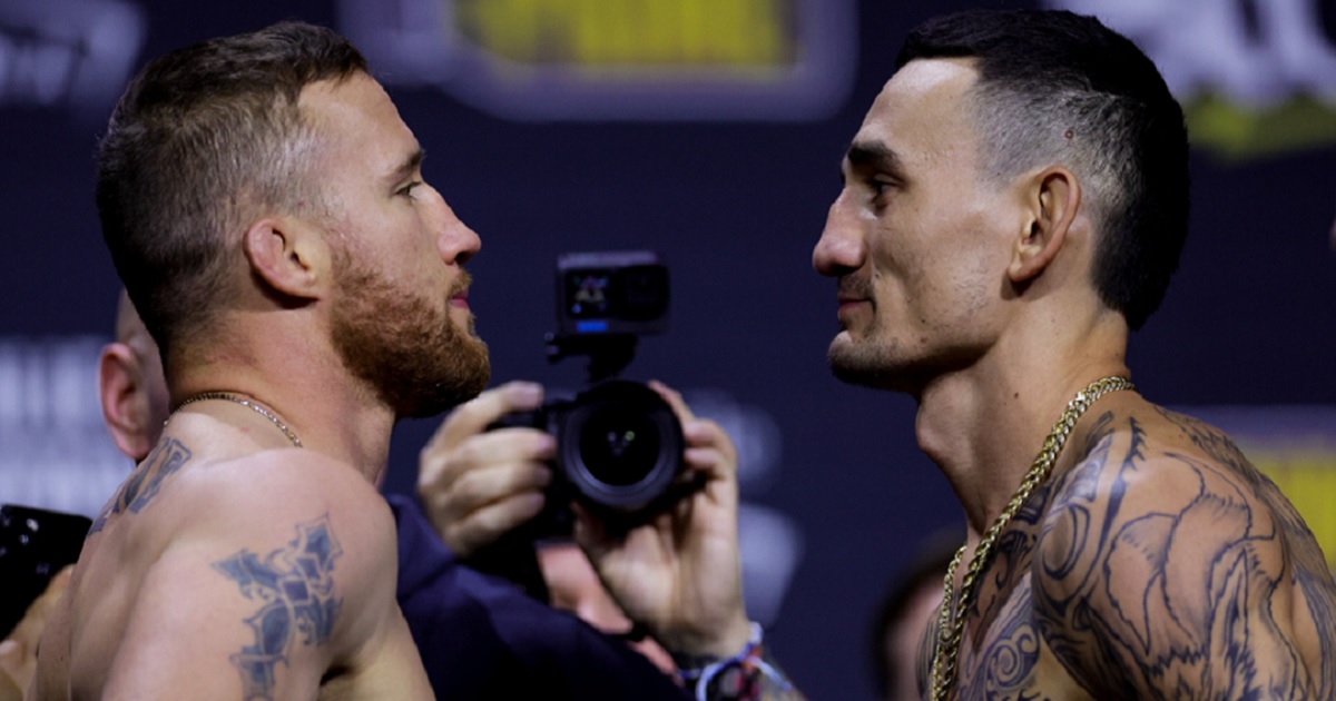 Ultimate Fighting Championship fighters Justin Gaethje, left, and Max Holloway face off during the UFC 300 ceremonial weigh-in at MGM Grand Garden Arena on Friday in Law Vegas.