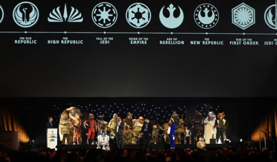 Ali Plumb, Kathleen Kennedy, James Mangold, Dave Filoni, and Sharmeen Obaid-Chinoy (left to right) onstage during the studio panel at Star Wars Celebration 2023 in London at ExCel on April 7, 2023 in London, England.
