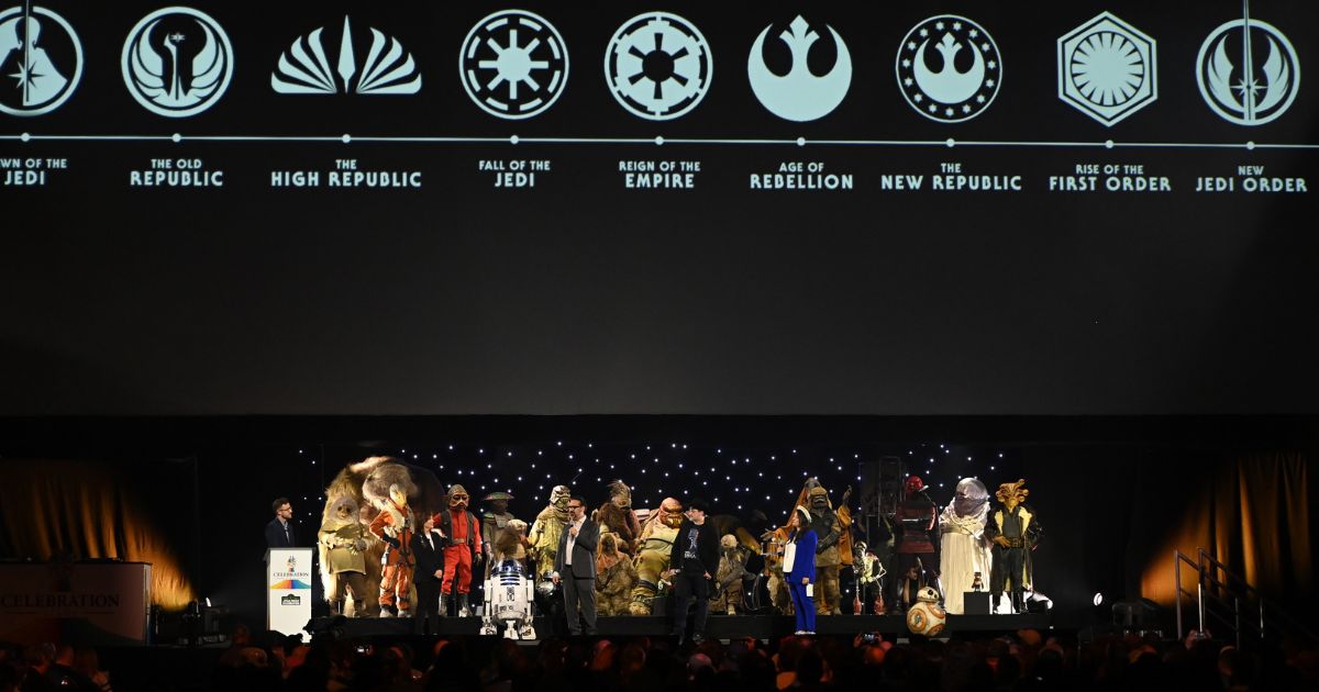 (L-R) Ali Plumb, Kathleen Kennedy, James Mangold, Dave Filoni, and Sharmeen Obaid-Chinoy onstage durng the studio panel at Star Wars Celebration 2023 in London at ExCel on April 7, 2023 in London, England.