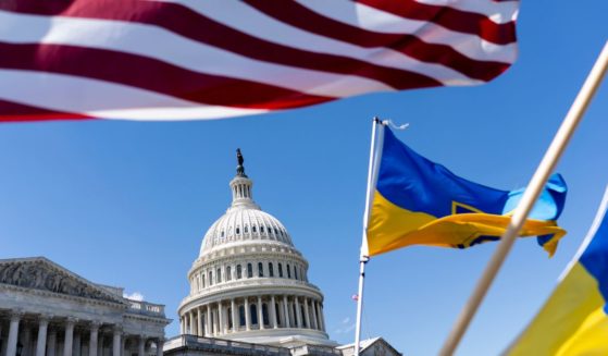 American and Ukrainian flags fly near the U.S. Capitol Saturday in Washington, D.C., after the House passed a $95 billion foreign aid package for Ukraine, Israel and Taiwan.
