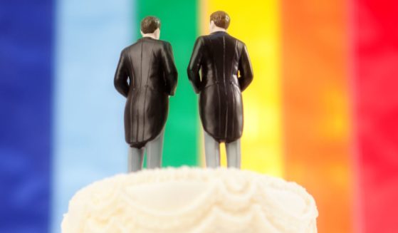 This image shows the top of a traditional wedding cake, with two men in tuxedos and tails as the wedding cake topper and with a rainbow "pride" flag in the background.