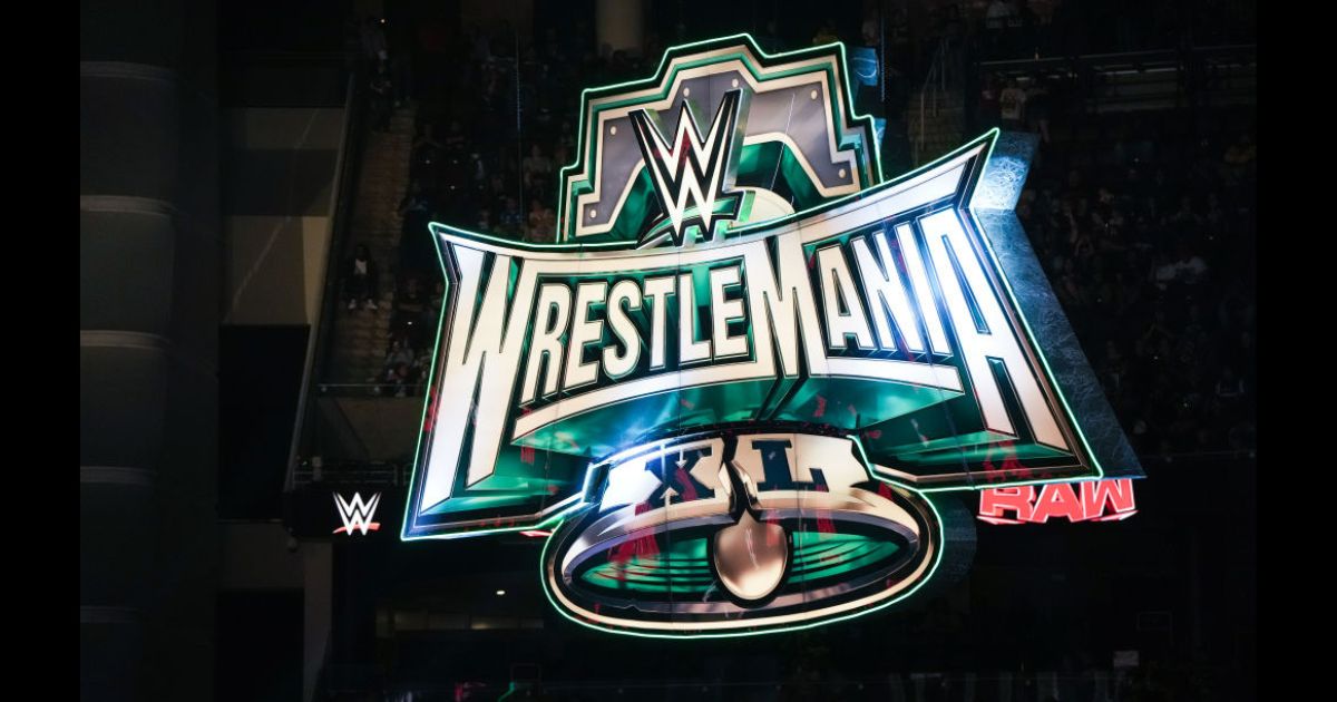 A sign for WrestleMania displayed at Toyota Center in Houston, Texas, on March 11, 2024.
