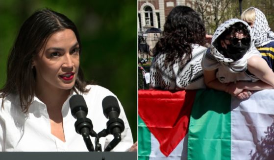 Rep. Alexandria Ocasio-Cortez, left, at a Monday Earth Day event in Triangle, Virginia; right, pro-Hamas protesters on the campus of Columbia University in New York City on Thursday.
