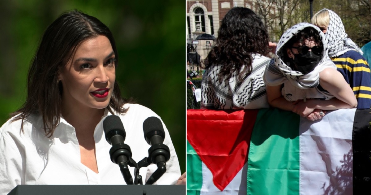 Rep. Alexandria Ocasio-Cortez, left, at a Monday Earth Day event in Triangle, Virginia; right, pro-Hamas protesters on the campus of Columbia University in New York City on Thursday.