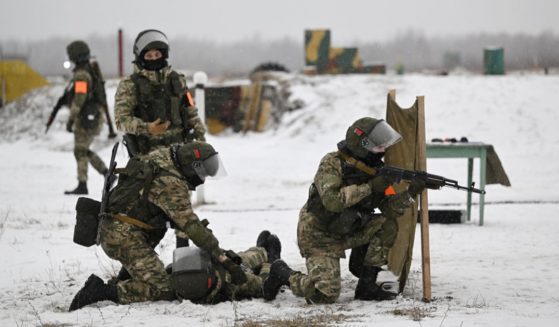 Cadets of the Military Academy of the Republic of Belarus condut training exercises in the region of the country's capital of Minsk in February 2023.