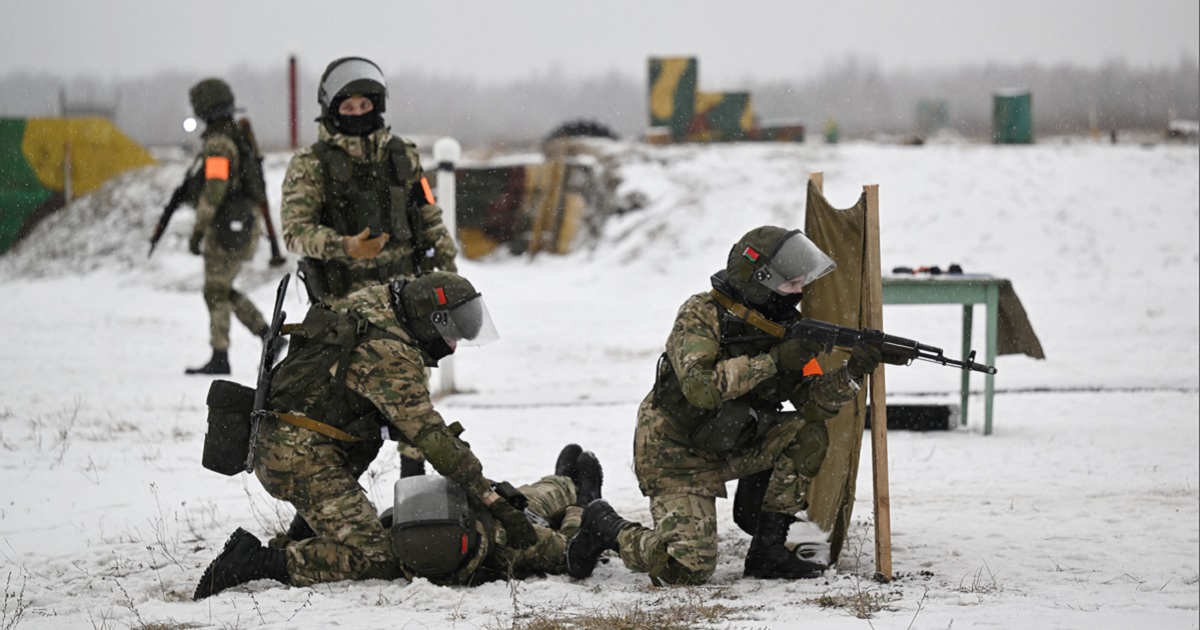 Cadets of the Military Academy of the Republic of Belarus condut training exercises in the region of the country's capital of Minsk in February 2023.