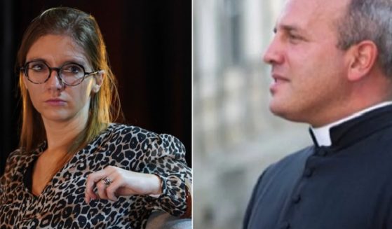 Aurore Bergé, France's minister for gender equality, left; the Rev. Matthieu Raffray, right.