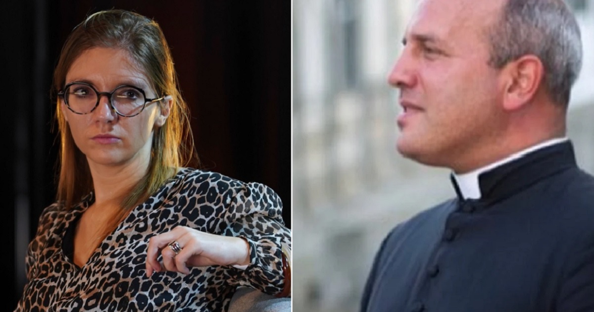 Aurore Bergé, France's minister for gender equality, left; the Rev. Matthieu Raffray, right.