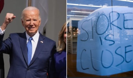 President Joe Biden smiles and pumps his fist in the air, left; a closed Bed Bath and Beyond location in Hawthorne, California, right.