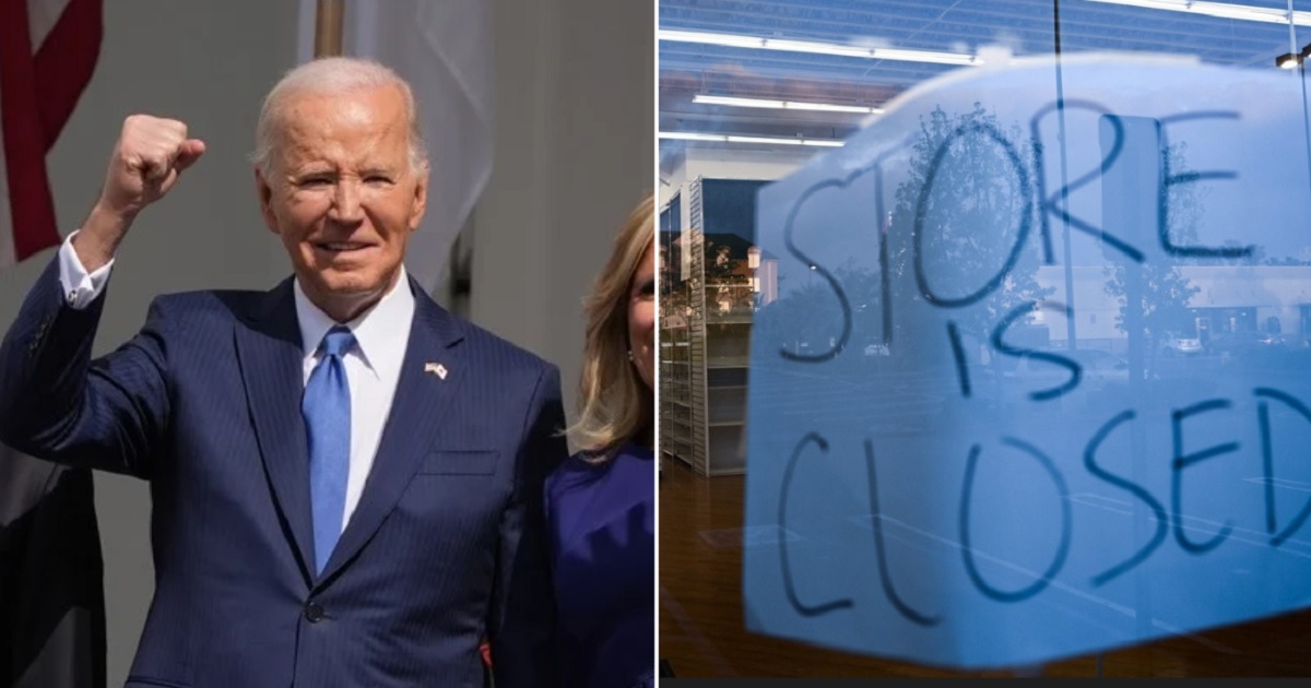 President Joe Biden smiles and pumps his fist in the air, left; a closed Bed Bath and Beyond location in Hawthorne, California, right.