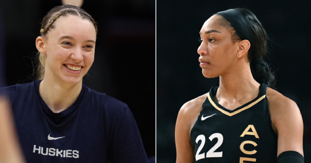 Paige Bueckers, left, of the Connecticut Huskies women's basketball team; right, A'ja Wilson of the Las Vegas Aces Women's NBA team.