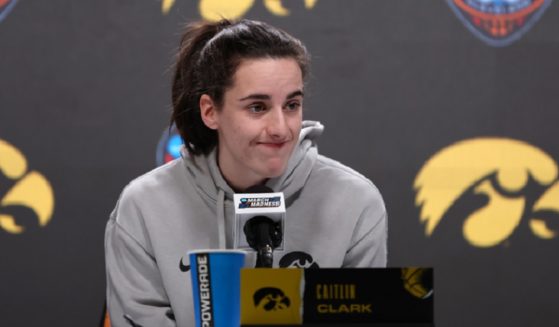 Caitlin Clark of the Iowa Hawkeyes speaks to media Saturday ahead of the 2024 NCAA Women's Final Four National Championship against the South Carolina Gamecocks at Rocket Mortgage Fieldhouse in Cleveland.