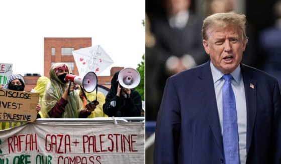 Left, activists and students demonstrate Saturday near an encampment at University Yard at George Washington University in Washington, D.C. Right, former President Donald Trump addresses reporters Friday in Manhattan.
