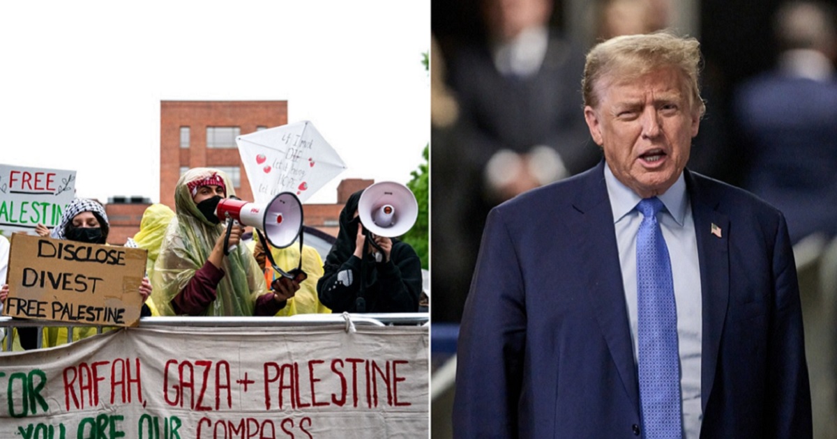 Left, activists and students demonstrate Saturday near an encampment at University Yard at George Washington University in Washington, D.C. Right, former President Donald Trump addresses reporters Friday in Manhattan.
