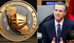 A coin with a surgical mask covering the state of California, left; California Gov. Gavin Newsom, right.