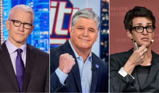 CNN's Anderson Cooper, left; Fox News' Sean Hannity, center; MSNBC's Rachel Maddow, right.