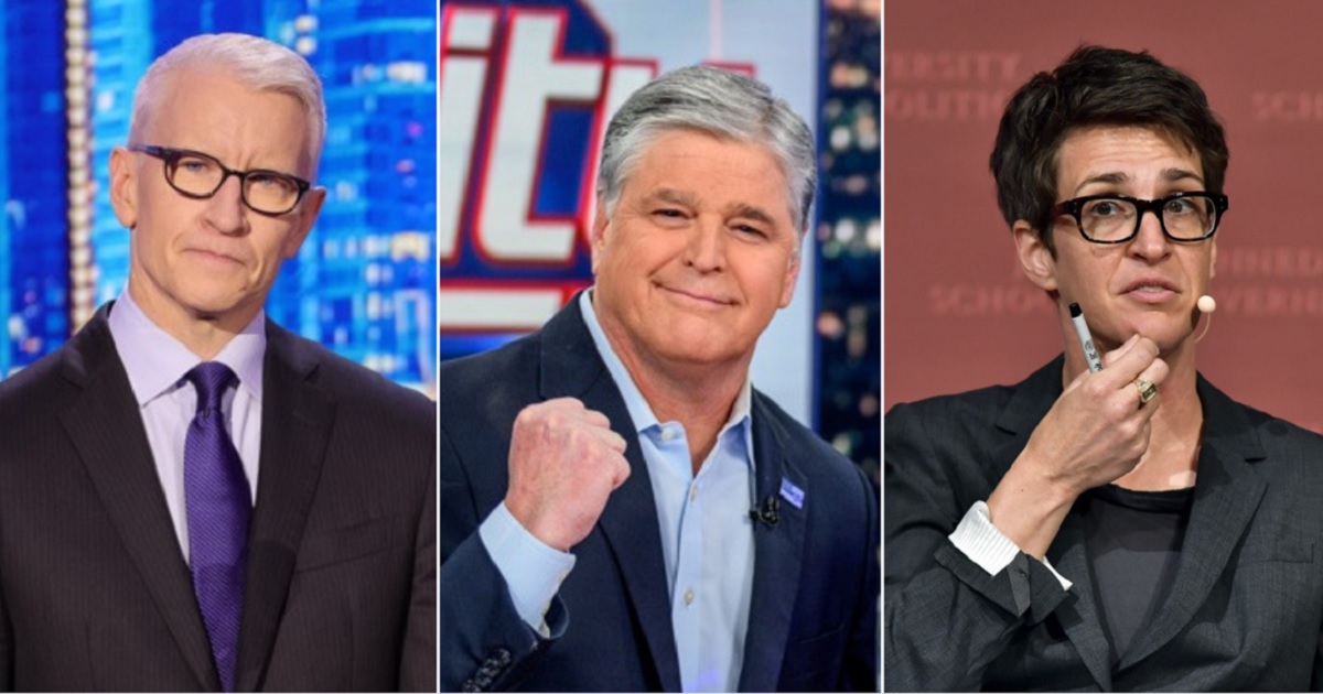 CNN's Anderson Cooper, left; Fox News' Sean Hannity, center; MSNBC's Rachel Maddow, right.