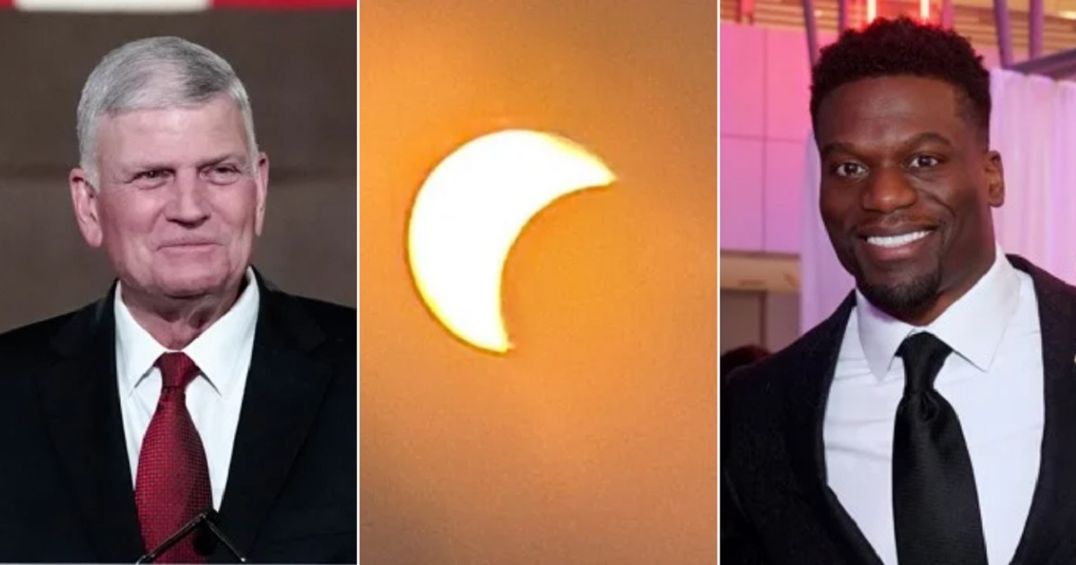 Evangelist Franklin Graham, left; Monday's eclipse, center; former NFL player and pro-life activist Benjamin Watson, right.