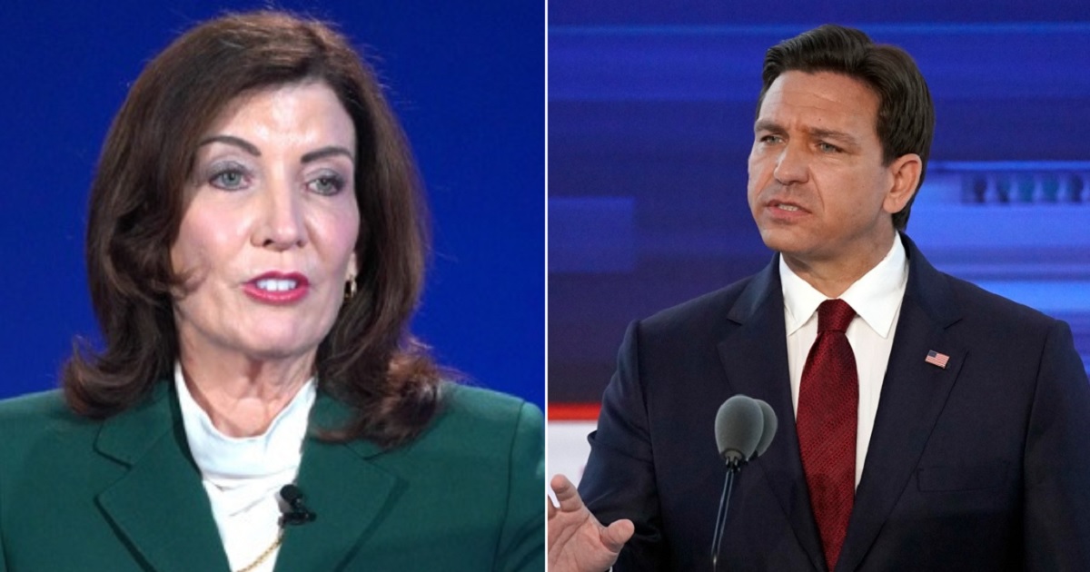 New York Gov. Kathy Hochul, left, is pictured speaking in a file photo from an event by the Concordia nonprofit group in September in New York City. Florida Gov. Ron DeSantis, right, is pictured during a September Republican primary debate.
