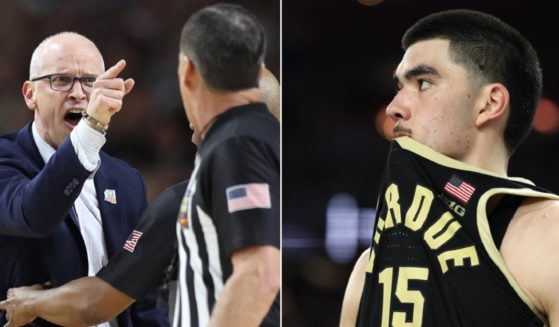 University of Connecticut Huskies coach Dan Hurley chews out an official during Monday night's NCAA championship game in Glendale, Arizona, left. Right, Purdue Boilermakers star Zach Edey is pictured after his team's loss.