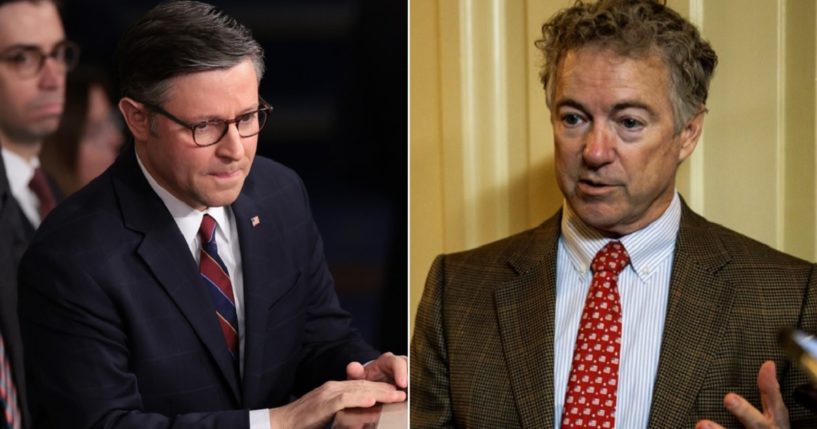 House Speaker Mike Johnson, left, came in for a volley of criticism Sunday from Kentucky Sen. Rand Paul, right, on Fox News "Sunday Morning Futures."