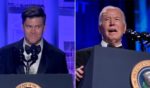 "Saturday Night Live" comedian Colin Jost, left; President Joe Biden, right, at the White House correspondents dinner on Saturday in Washington.