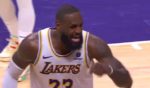 Los Angeles Lakers star LeBron James throws a fit Saturday during the team's win over the Denver Nuggets at the Staples Center in Los Angeles.