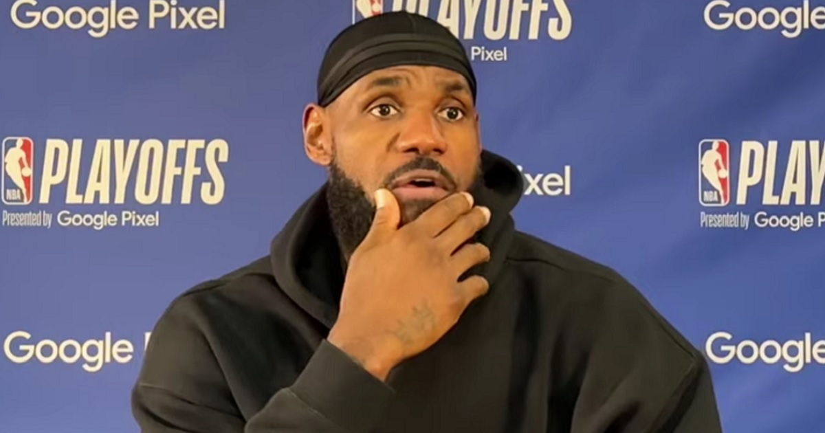 LeBron James of the Los Angeles Lakers answers questions at a post-game news conference on Monday.