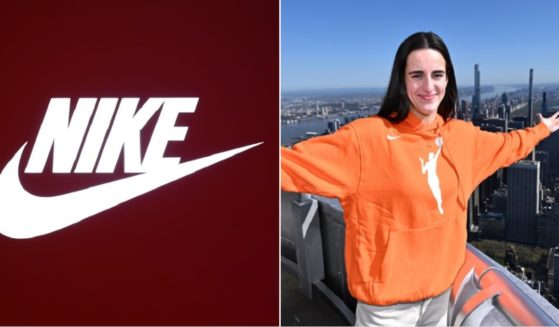 Nike logo, left; right, women's college basketball star and incoming WNBA player Caitlin Clark in an April 15 photo taken at the top of the Empire State Building in New York.