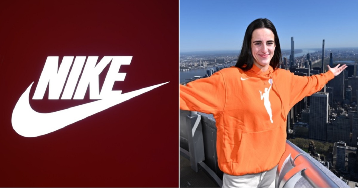 Nike logo, left; right, women's college basketball star and incoming WNBA player Caitlin Clark in an April 15 photo taken at the top of the Empire State Building in New York.