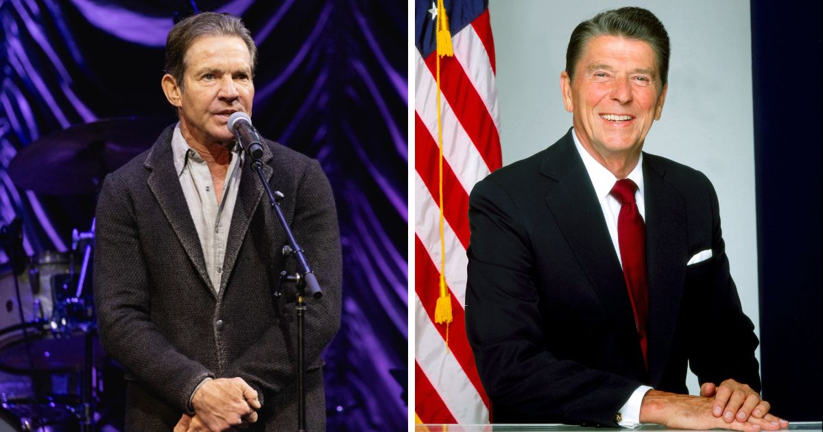 (L) Dennis Quaid speaks on stage during the 2024 Texas Songwriters Hall of Fame show at ACL Live on February 24, 2024 in Austin, Texas. (R) President Ronald Reagan poses for a portrait in 1980 in Los Angeles, California.