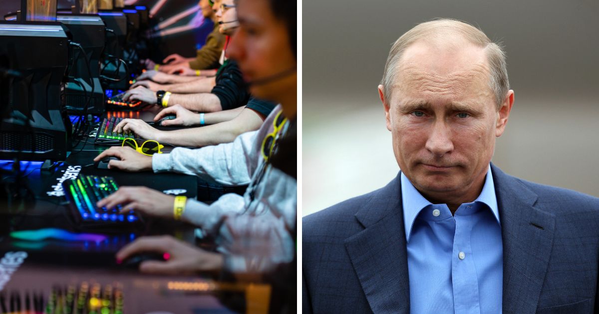 (L) Participants sit at a computer monitor to play a video game at the 2019 DreamHack video gaming festival on February 15, 2019 in Leipzig, Germany. (R) Russian President Vladimir Putin arrives at Belfast International Airport on June 17, 2013 in Belfast, Northern Ireland.