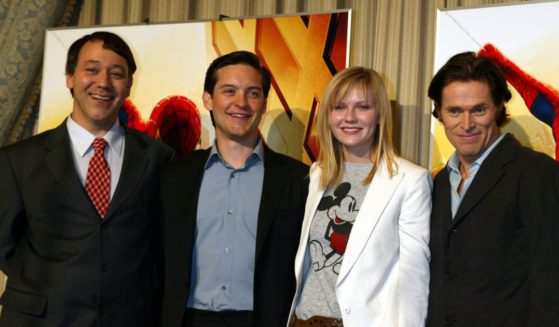 (L-R) Director Sam Raimi, actor Tobey Maguire, actress Kirsten Dunst and actor Willem Dafoe meet Japanese journalists at a press conference while promoting the new movie "Spider-Man" April 5, 2002 in Tokyo, Japan.